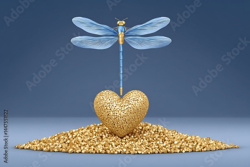 Golden Heart with Dragonfly Love, and 3D Render.