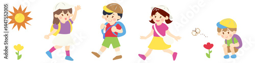 Happy School Children Walking Outdoors on a Sunny Day
