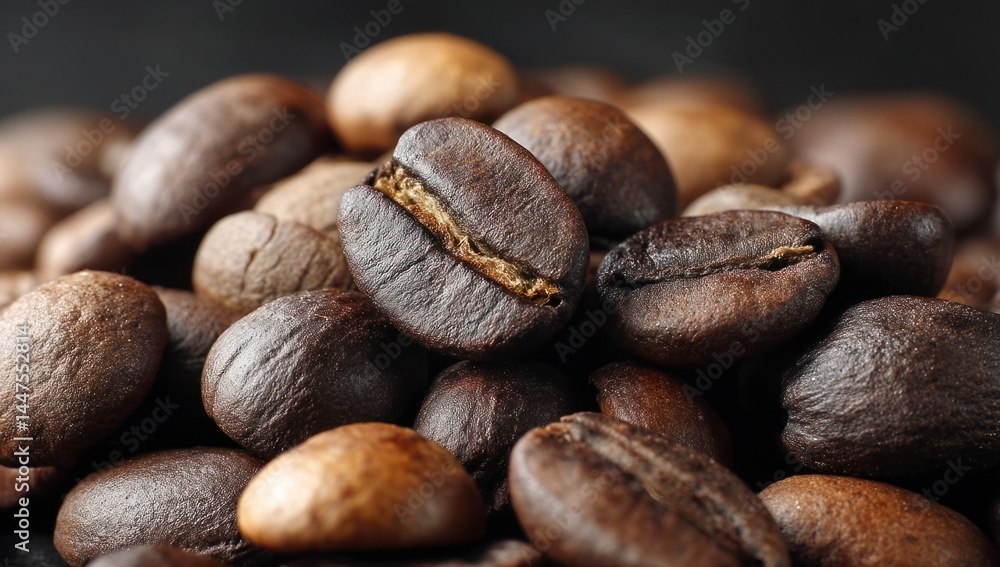 Obraz premium Pile Fresh Coffee Beans Macro, Roasted Aroma, Freshly Ground Essence, Intense Flavor with Texture