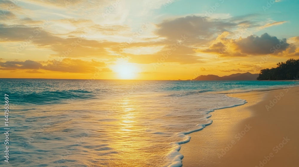 Obraz premium Sea ocean beach sunset sunrise landscape outdoor. Water wave with white foam. Beautiful sunset colorful sky with clouds. Natural island panoramic background. Idyllic amazing tropical island shore Pro 