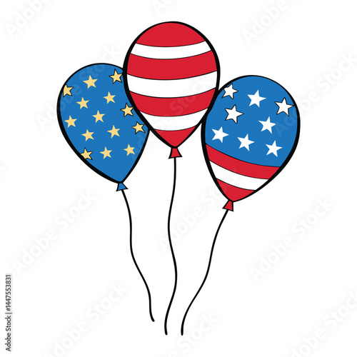 Helium balloons in the national colors of the American flag—red, white, and blue—symbolize patriotism, celebration, and national pride, often used during holidays and events.
