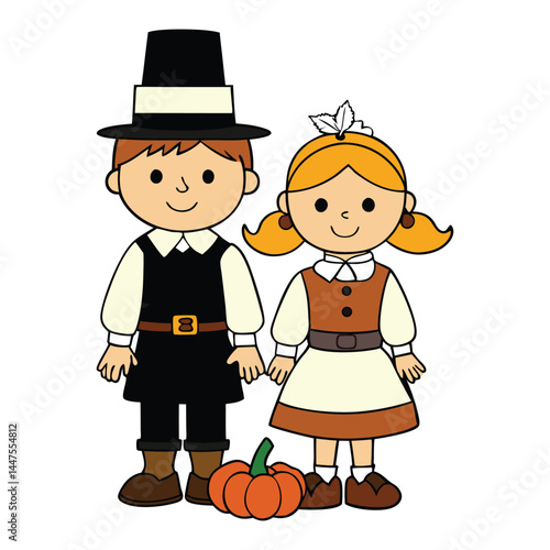 Cheerful Pilgrim kids in traditional attire celebrate Thanksgiving with gratitude, sharing food and joy with family and friends.