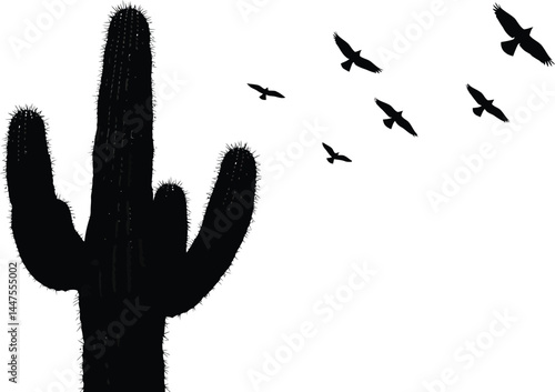 Black and White Cactus Silhouette with Birds