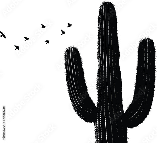 Black and White Cactus Silhouette with Birds