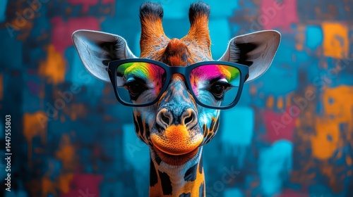 Detailed portrait of a giraffe head wearing eyeglasses with colorful lens reflections, looking directly at the camera on a transparent background, PNG image, PNG file.