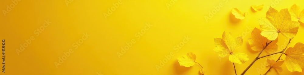 Obraz premium Golden ginkgo leaves scattered on vibrant yellow backdrop, autumnal header , bright, healthy, image