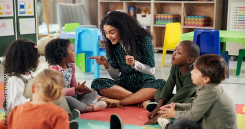 Obraz na płótnie Singing, education and teacher with children in classroom for learning, nursery rhyme and creative. Growth, kindergarten and academy with woman and kids at school for helping and child development w salonie