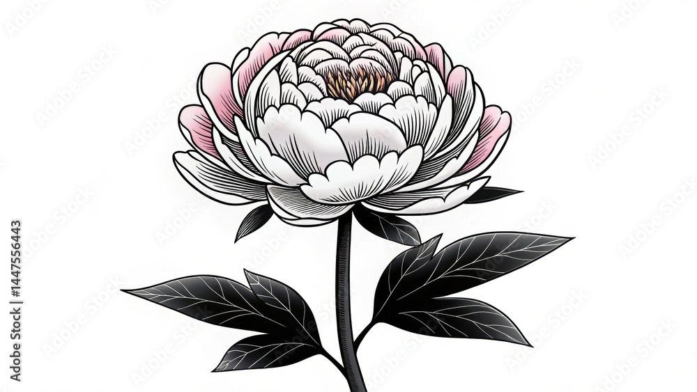 Fototapeta premium Blooming peony flower with soft pastel pink petals and detailed black leaves, high fidelity illustration with intricate line work and elegant floral design