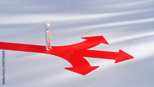 Metallic mannequin is walking on a red path that splits into three red arrows, symbolizing choices, directions, strategy, opportunities, and decision-making