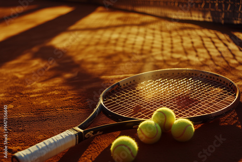 Tennis racket and balls on a clay court with dramatic shadows at golden hour, evoking focus, sport passion and classic tournament atmosphere
