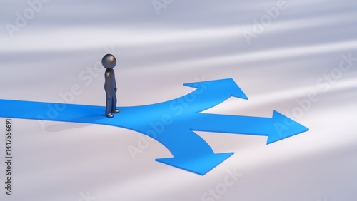 Metallic mannequin character walking on a blue path that divides into three arrows pointing in different directions, symbolizing choices and decision making