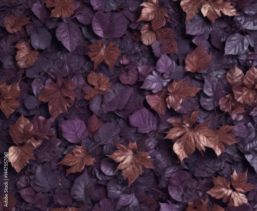 Oxidized copper-toned leaves scattered on deep purple  Intricate leaf arrangement , leaf pattern, metal
