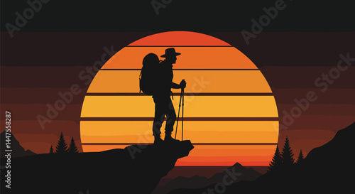 Hiker Silhouette Sunset Vector