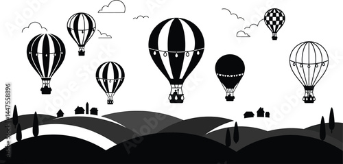 Hot Air Balloons Over Rolling Hills - Vector Illustration