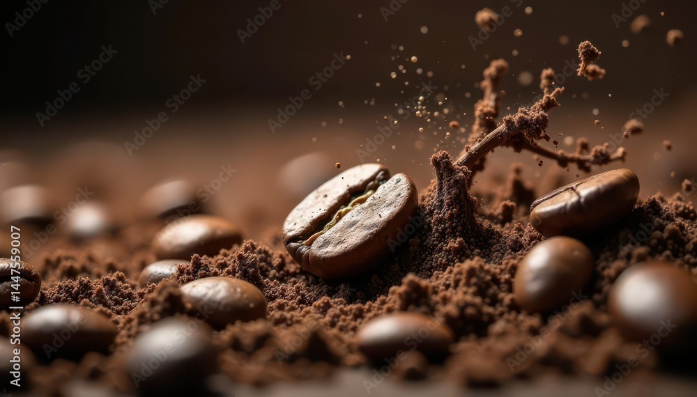 Dark brown coffee beans bursting, dynamic splash , background, texture Dark brown coffee beans bursting, dynamic splash , background, texture