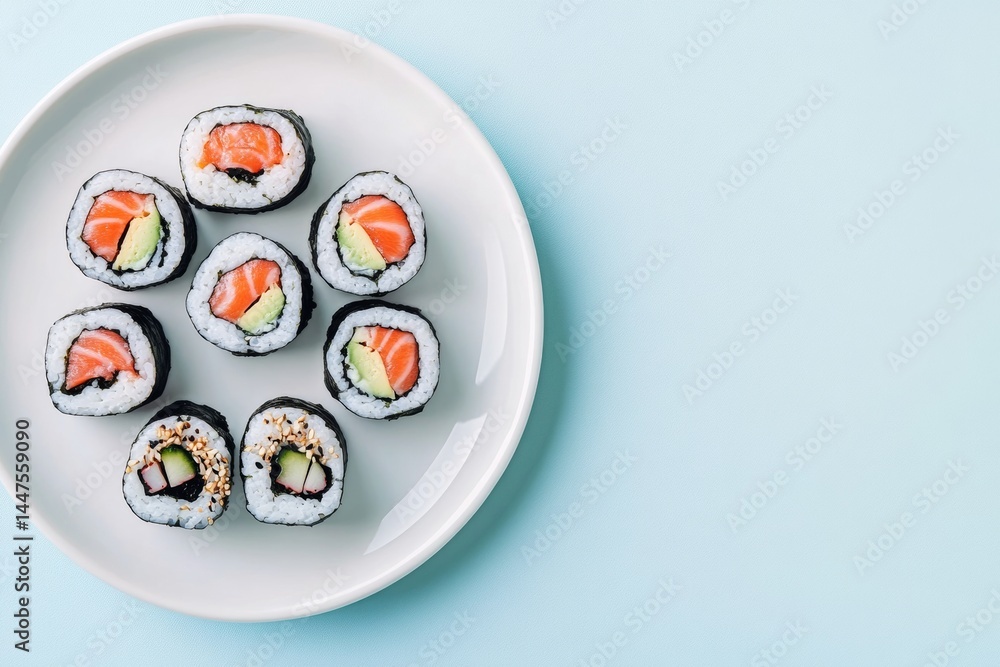 Sushi rolls with fresh ingredients are presented on a pristine white plate, creating a beautiful contrast against a soft light blue backdrop, showcasing colors and textures of the food Sushi rolls with fresh ingredients are presented on a pristine white plate, creating a beautiful contrast against a soft light blue backdrop, showcasing colors and textures of the food