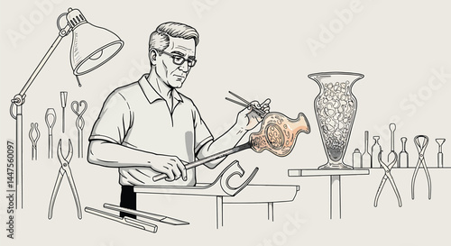 Glassblower Crafting Intricate Vase - Vector Illustration