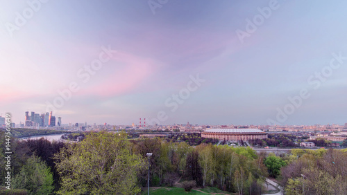 Panoramic aerial view of Moscow City, Russia, from Sparrow Hills day to night timelapse