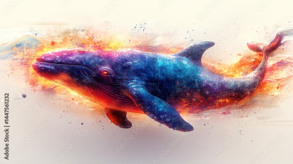 Obraz premium Abstract humpback whale swims gracefully, composed of digital circuitry with watercolor splashes, illuminated eye, motion blur on a transparent background, PNG image, PNG file.