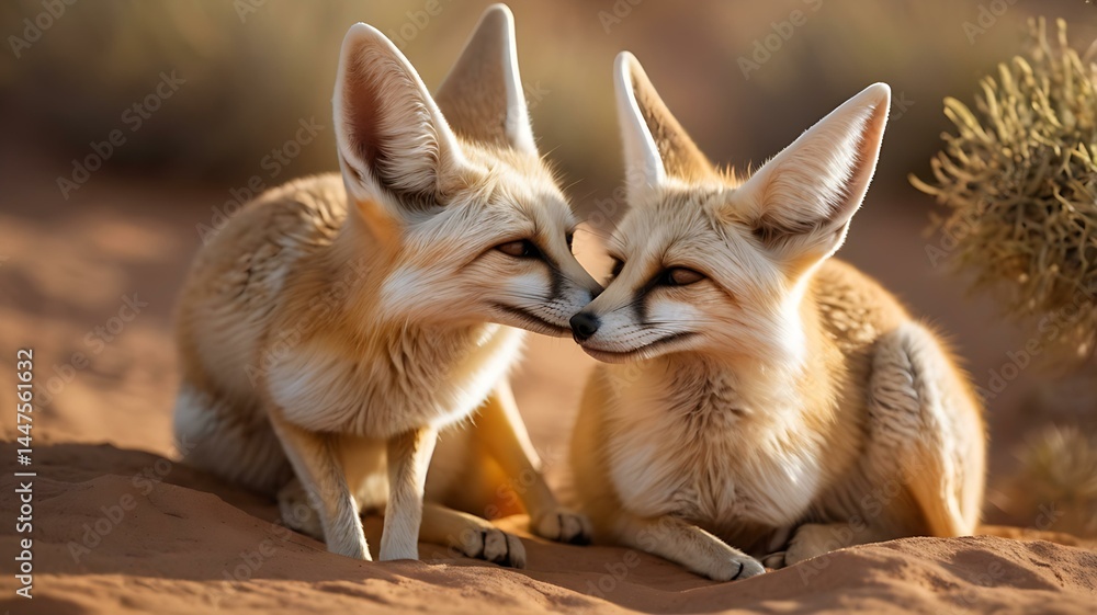 Obraz premium A charming shot of a fennec fox couple in the desert, showcasing their large ears and playful expressions. The warm sand dunes and golden light highlight the natural beauty of these adorable desert dw