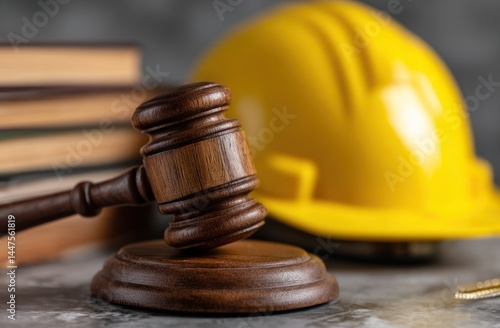 Construction Law, Gavel, Hard Hat, and Legal Books Symbolize Justice and Safety Regulations in the Industry.  Workplace Safety and Legal Compliance.
