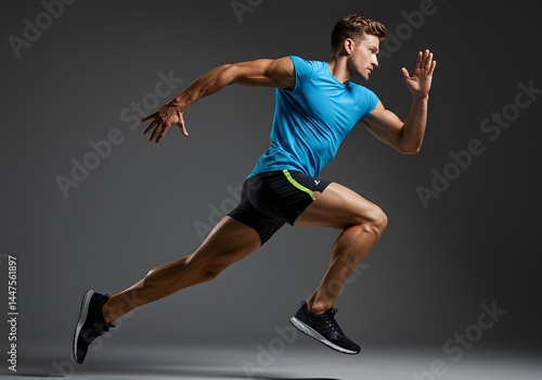 Side view of a fit man in marathon attire, standing tall in studio light