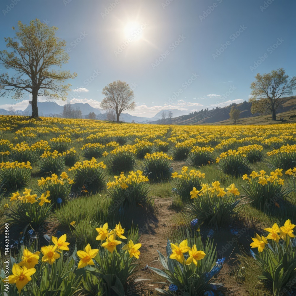 Obraz premium Sun-drenched meadow ablaze with vibrant yellow daffodils under a clear blue sky , nature, texture, image