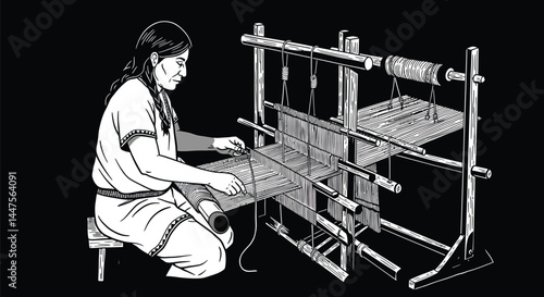 Weaver at Loom, Black and White Vector Illustration