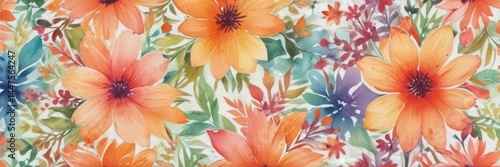 Abstract watercolor floral pattern in vibrant summer hues, blurred edges , summer, white