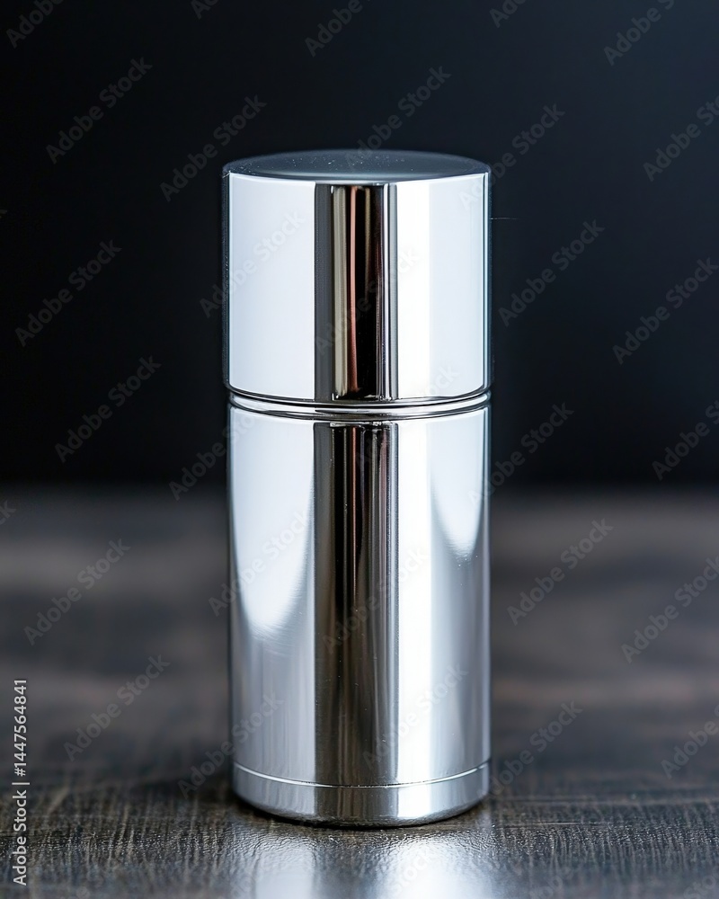 A polished silver container elegantly positioned on a rustic wooden table for a home setting A polished silver container elegantly positioned on a rustic wooden table for a home setting