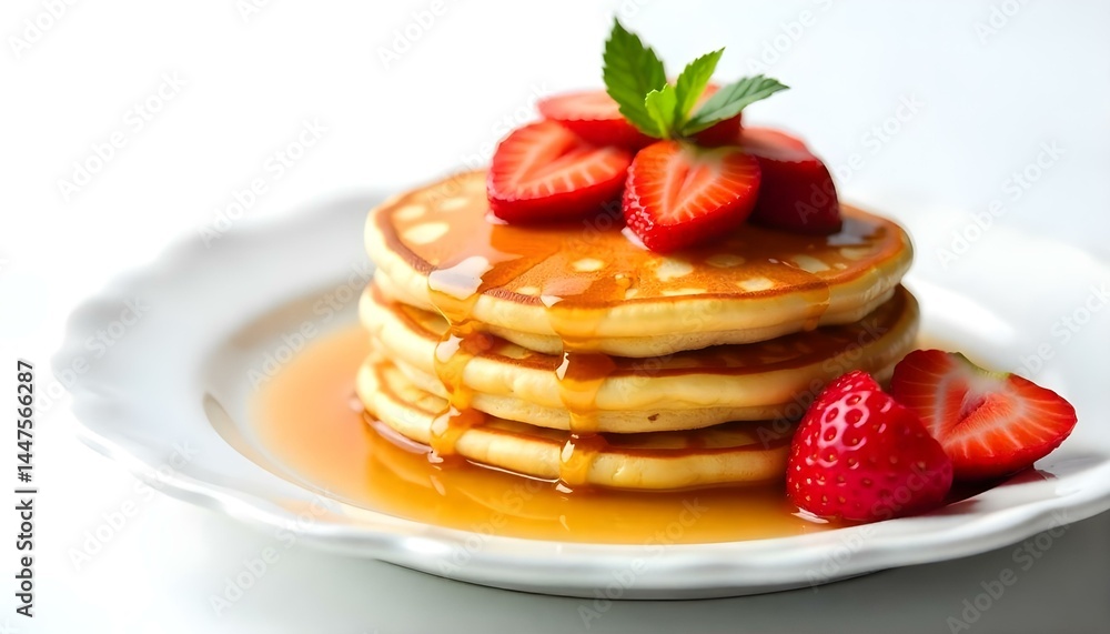 Pancakes with fresh strawberries and syrup Isolated on white background Pancakes with fresh strawberries and syrup Isolated on white background
