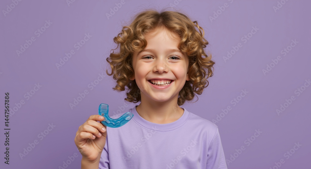 Smiling child holding blue dental retainer against purple background. Happy young boy with orthodontic appliance showing teeth. Pediatric dentistry, oral health concept. Orthodontic treatments Smiling child holding blue dental retainer against purple background. Happy young boy with orthodontic appliance showing teeth. Pediatric dentistry, oral health concept. Orthodontic treatments