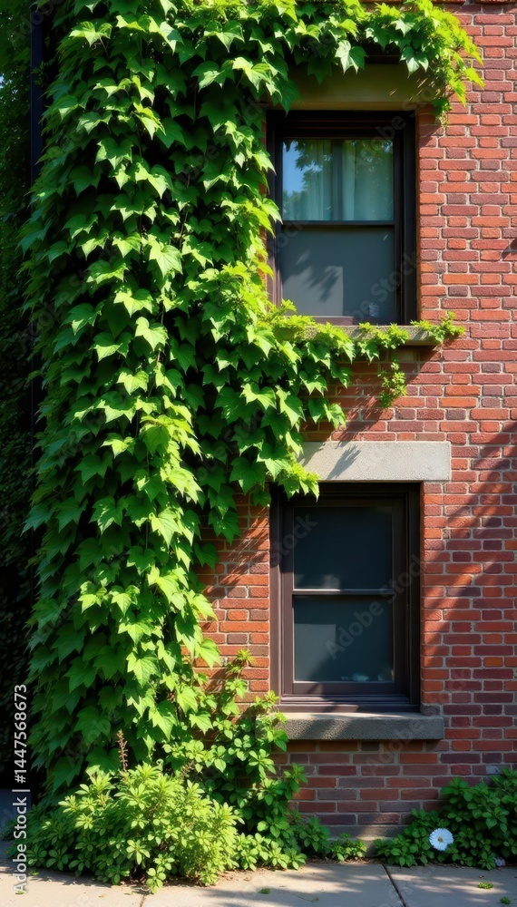 Sunlight dappling green ivy on a brick building facade, facade, shadow, architecture Sunlight dappling green ivy on a brick building facade, facade, shadow, architecture