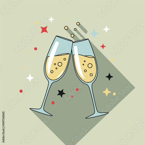 Glasses of champagne. Illustration in a flat design with long shadow