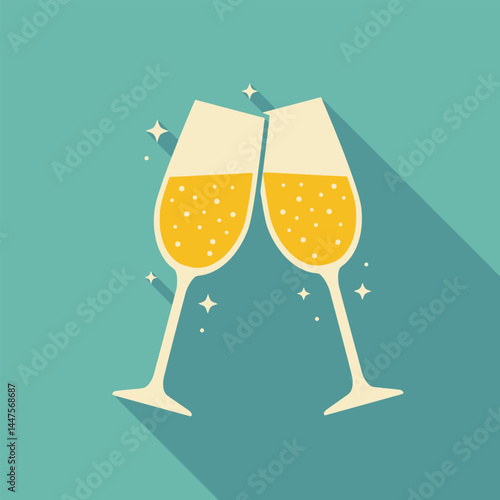 Glasses of champagne. Illustration in a flat design with long shadow