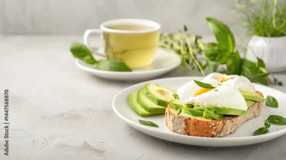 Avocado toast with poached eggs and herbal green tea on light grey background Avocado toast with poached eggs and herbal green tea on light grey background