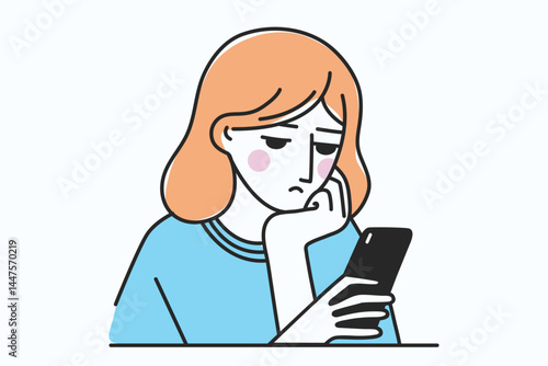 social anxiety concept, phone addiction,  man woman look at phone wait for reply, mix emotion of bored, sad, frustrate , nervous, doodle line cartoon vector   