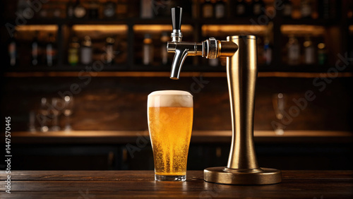 Golden beer glass with foam on wooden bar counter near metal beer tap in dimly lit pub interior with blurred bottles on shelves, inviting and refreshing drink