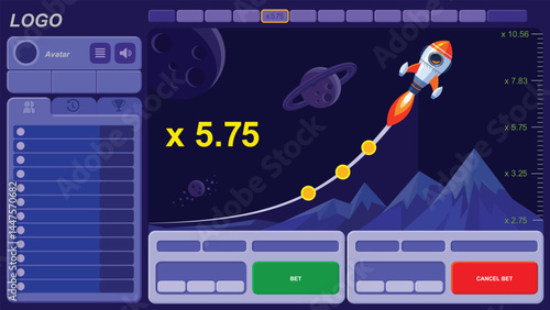 Screen for crash game with asset and game UI. Rocket flight. Dynamic game on timing and intuition