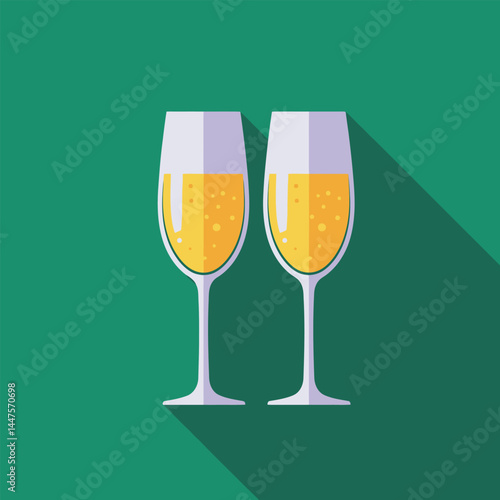 Glasses of champagne. Illustration in a flat design with long shadow