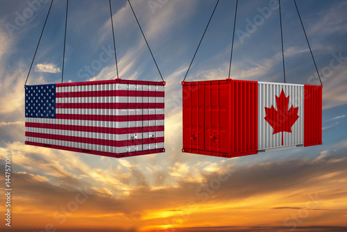 American and Canadian flag container hanging in a sky. concept of business and trade between us and canada