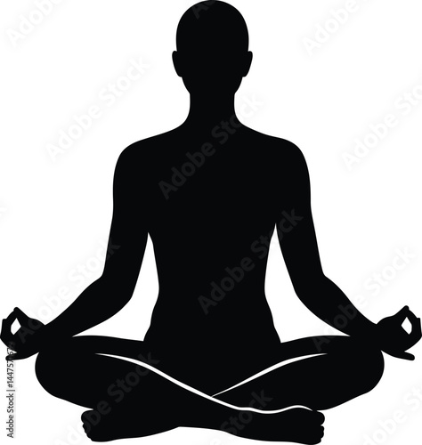 Meditating Person Silhouette, Minimalist Black and White Vector
