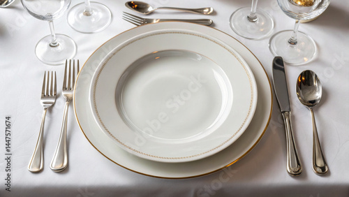 Empty fine dining table setting with white plates and silver cutlery on white tablecloth, elegant and ready for formal meal in restaurant or event