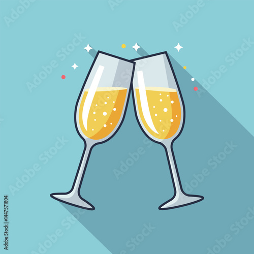 Glasses of champagne. Illustration in a flat design with long shadow