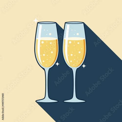 Glasses of champagne. Illustration in a flat design with long shadow