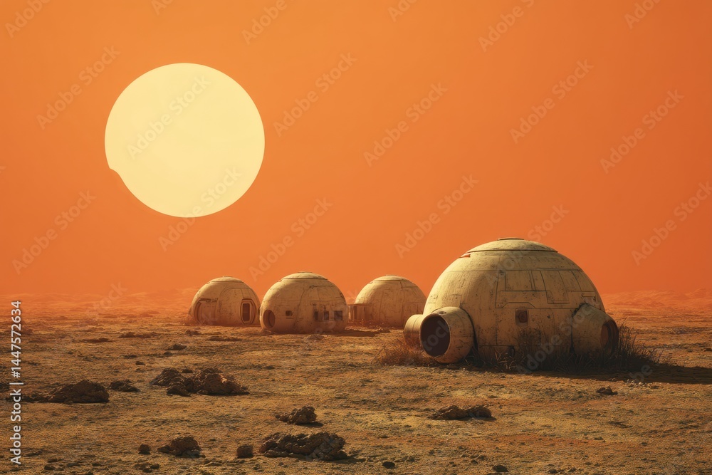 Fototapeta premium Alien Habitations Stand on Desolate Planet Under a Giant Sun, a Futuristic Colony on Mars Setting, Remote Structures in Dry Environment