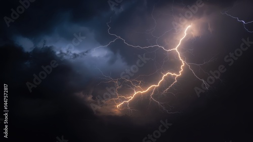Flash flood warning concept with dramatic lightning bolt cutting through dark storm clouds in night sky ideal for severe weather visuals, emergency backgrounds and climate risk themes
