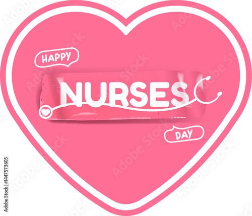 International nurses day cute vector heart shape banner and poster with stethoscope isolated on pink background. vector 12 May Happy nurses day heart icon, label, sign, sticker design template