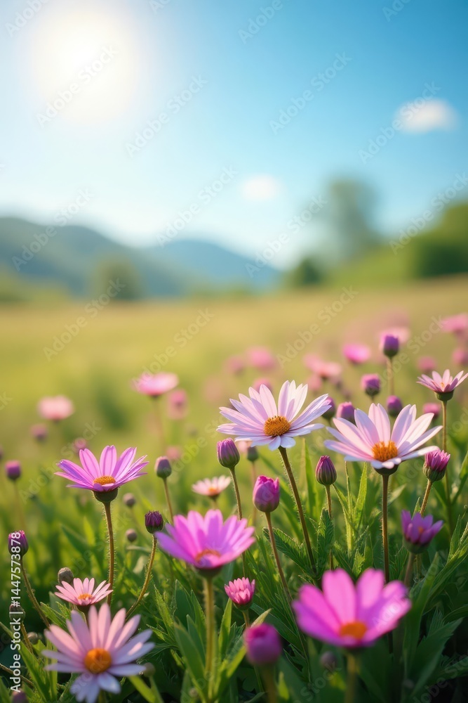 Obraz premium Soft pink and purple wildflowers carpet a sun-drenched field against a clear azure sky , serene, flora