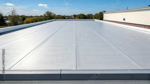 Flat roof surface with waterproof membrane under clear blue sky on sunny day, showing modern construction and clean architectural lines with trees in background